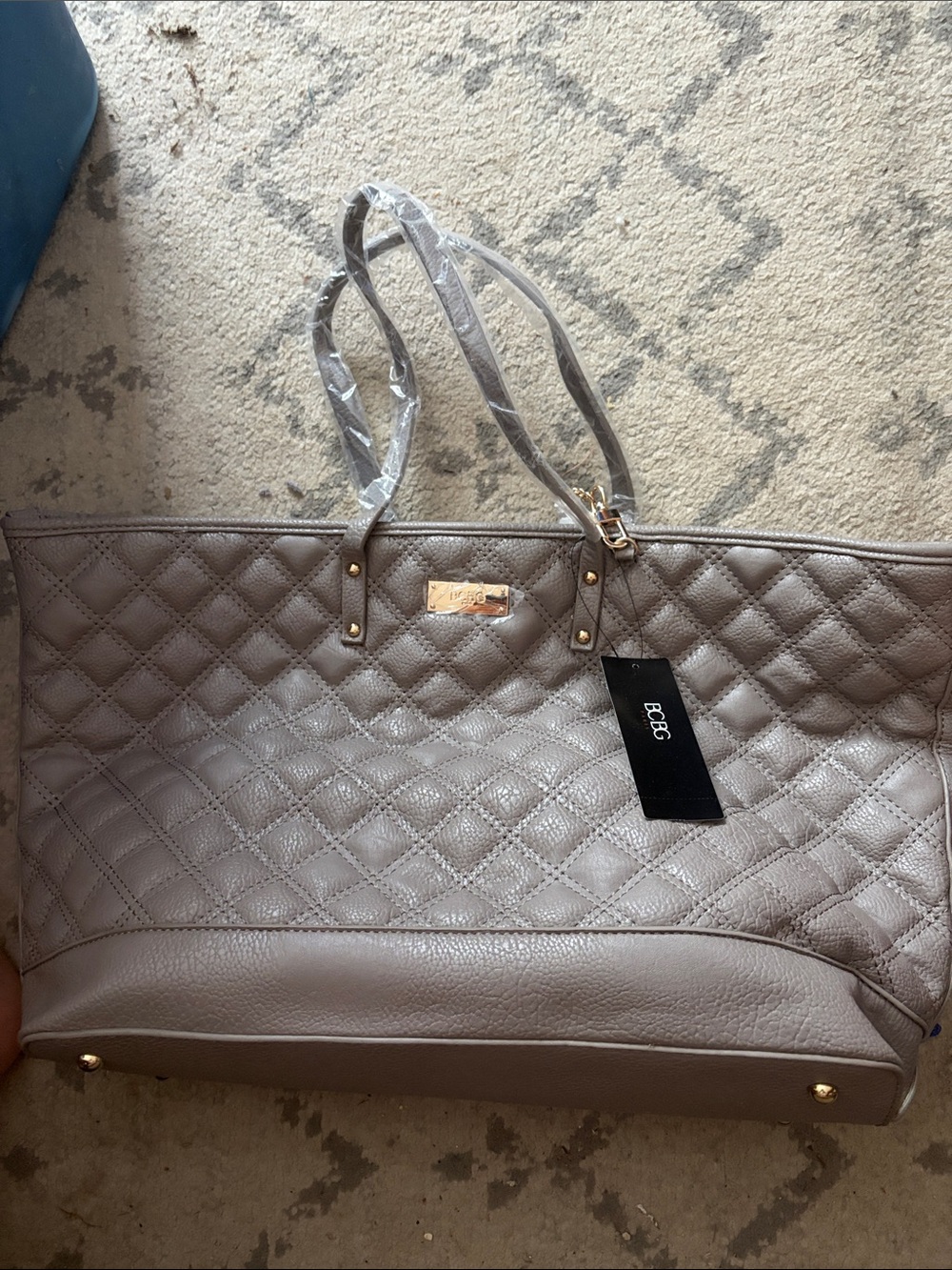 BCBG Quilted Taupe Tote with Gold Hardware